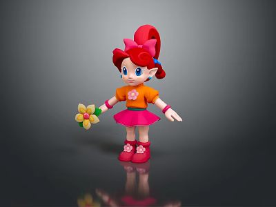 Cartoon Girl With Red Hair Red Bow Orange Top Pink Skirt Holding Flower 3d model