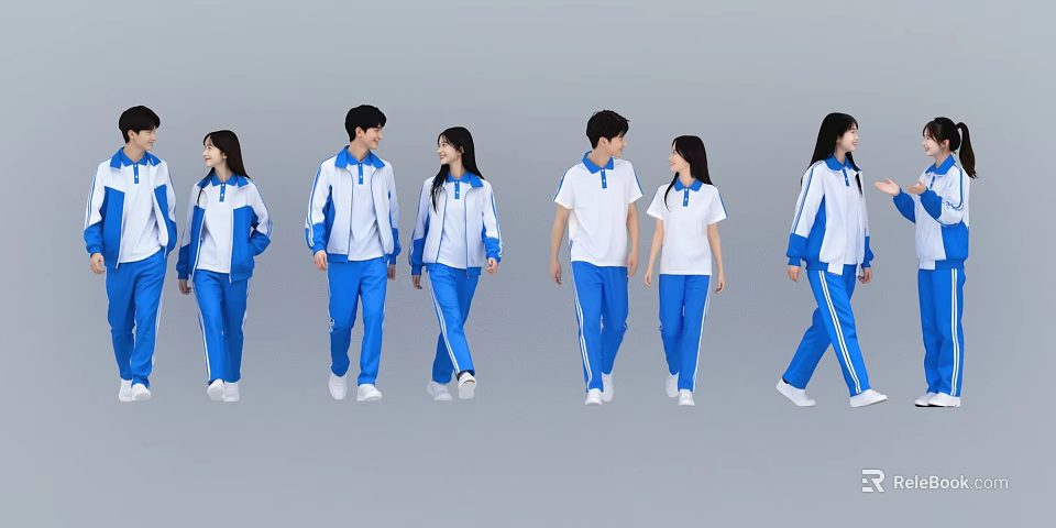 Two Students In Blue And White School Uniforms Walking Together 3d model 