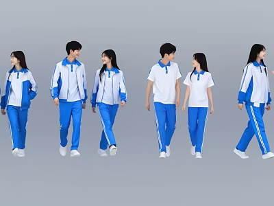 Two Students In Blue And White School Uniforms Walking Together 3d model