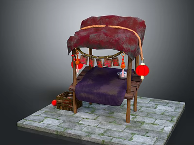 Traditional Stall With Red Canopy Purple Cushion And Hanging Red Lanterns On Stone Slab Base 3d model