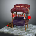 Traditional Stall With Red Canopy Purple Cushion And Hanging Red Lanterns On Stone Slab Base