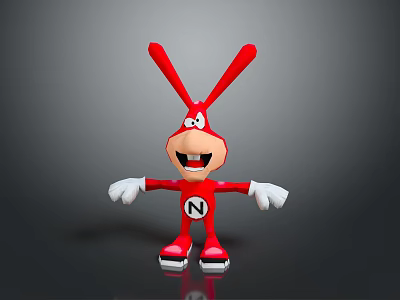 Red Cartoon Rabbit Character with Long Ears White Gloves Letter N Smiling in Gray Background 3d model