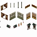 Traditional Chinese Architectural Components With Carved Doors Windows Columns And Roof Elements