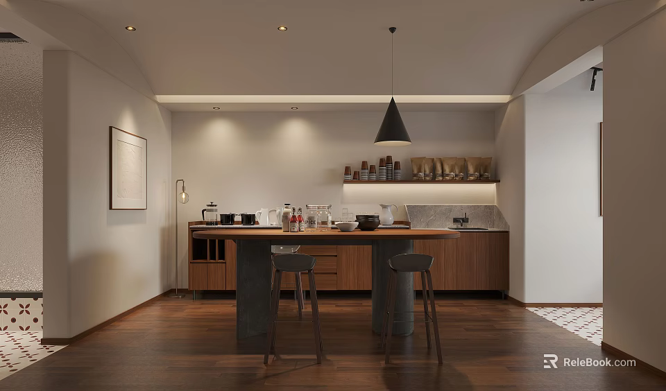 Cozy Café Interior Design With Wooden Counter Pendant Light And Bar Stools 3d model 