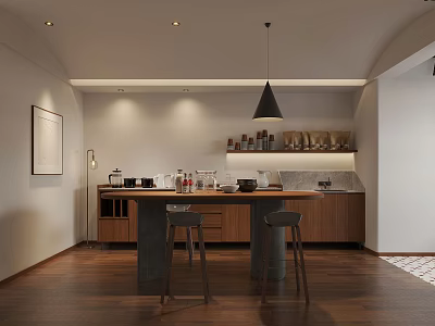 Cozy Café Interior Design With Wooden Counter Pendant Light And Bar Stools 3d model