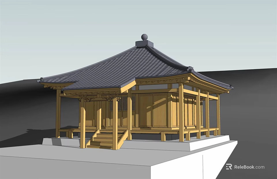 Ancient Architectural Structure With Yellow Wooden Frame Black Tiled Roof Steps And Columns 3d model 