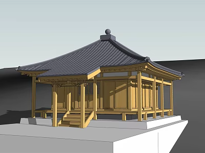 Ancient Architectural Structure With Yellow Wooden Frame Black Tiled Roof Steps And Columns 3d model