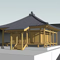 Ancient Architectural Structure With Yellow Wooden Frame Black Tiled Roof Steps And Columns