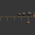 Wooden Wall Storage Shelf With Metal Hooks And Hanging Pots Kettle Containers