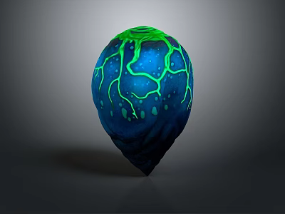 Blue And Green Textured Egg Shaped Object With Glowing Vine Patterns On Dark Background 3d model