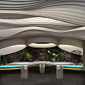 Relaxing SPA Sauna Space With Black Bathtubs Blue Water White Curtains And Stone Wall