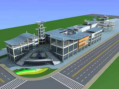 Modern Commercial Street With Glass Facades Multi Story Buildings Road And Green Area 3d model
