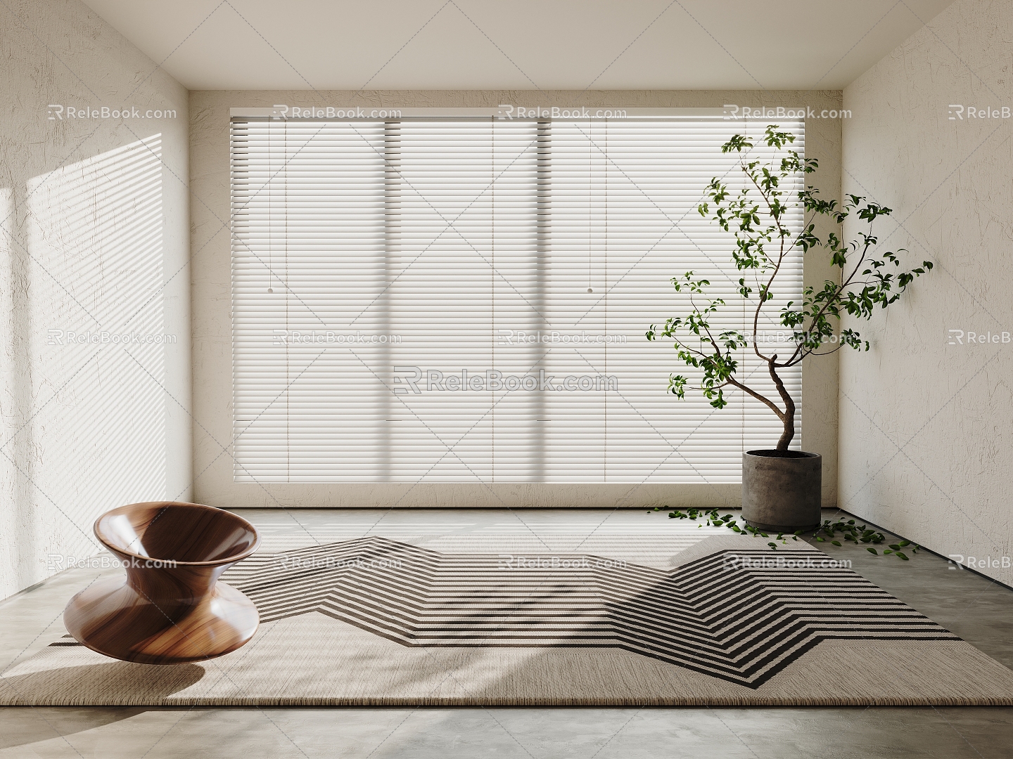 Quiet square carpet carpet venetian blinds green plant single chair 3d model