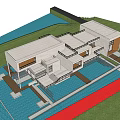 Modern Sales Office Building with Open Terrace and Glass Facade Surrounded by Trees and Lawn