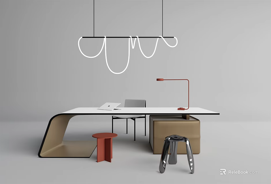Modern Sleek Desk Interior With Hanging Light Red Table Lamp And Stools 3d model