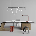Modern Sleek Desk Interior With Hanging Light Red Table Lamp And Stools 3d model