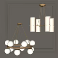 Modern Gold White Chandeliers With Spherical And Cylindrical Shades On Horizontal Bar Against Gray Wall