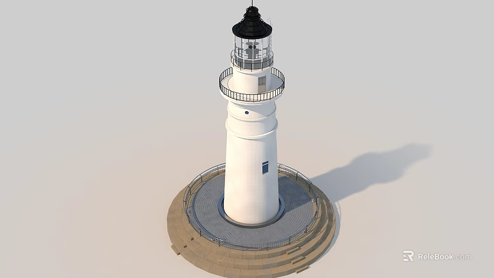 White Lighthouse Tower With Black Top Circular Platform Railing And Base Steps 3d model 