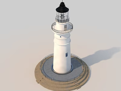 White Lighthouse Tower With Black Top Circular Platform Railing And Base Steps 3d model