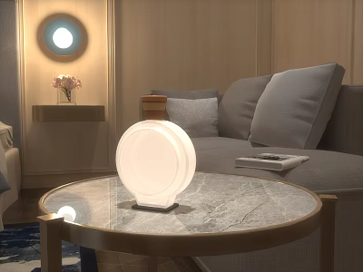 Round White Decorative Lamp On Marble Coffee Table In Minimalist Living Room With Gray Sofa 3d model