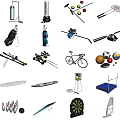Different Types of Sports Equipment Including Skateboards Skis Bicycles and Tennis Rackets