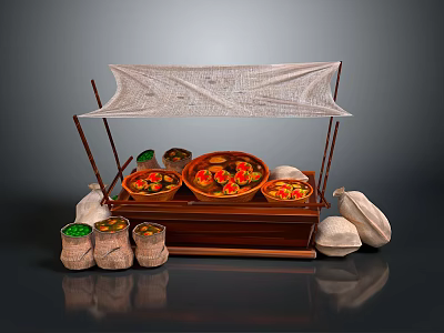 Traditional Street Food Stall With Canopy Wooden Display And Food Bowls Sacks 3d model