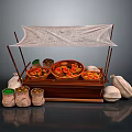 Traditional Street Food Stall With Canopy Wooden Display And Food Bowls Sacks