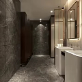 Modern Public Restroom With Marble Walls Double Sinks Urinal Mirrors And Elegant Lighting