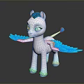 Cute White Pony With Blue Mane Wings And Tail Standing With Spread Wings