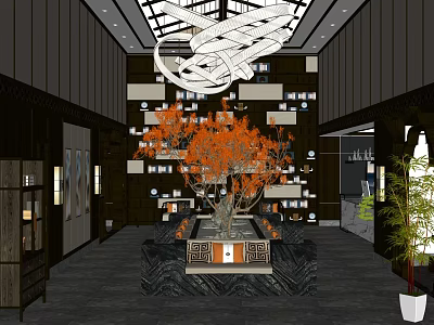 Luxurious Hotel Lobby Interior With Artistic Chandelier Decorative Orange Tree And Display Shelves 3d model