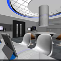 Modern Exhibition Space Interior With White Tables Orange Chairs Tablet Stands And TVs