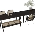 Wooden Dining Table Set with Chairs Bench Vase and Decorative Plant