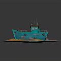Turquoise Wooden Boat On Orange Sand Beach Near Ocean Water With Cabin Chain