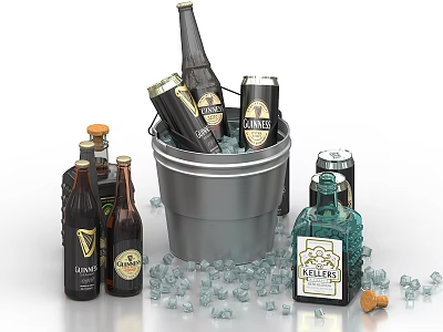 Display of Wine Bottles and Wine Glasses with Ice Bucket and Ice Cubes 3d model