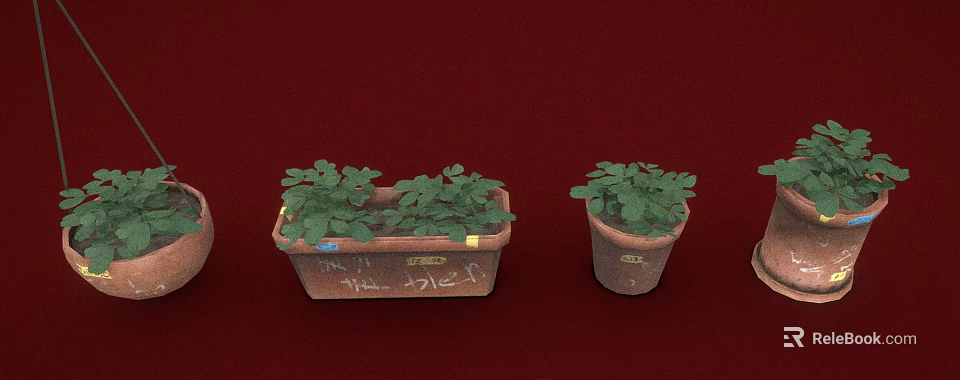 Green Leafy Plants Growing In Rectangular And Round Clay Flower Pots With Markings 3d model