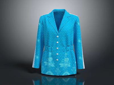 Vibrant Blue Long Sleeve Blazer Coat With White Polka Dots And Snowflake Patterns And Buttons 3d model