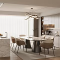 Modern Elegant Restaurant Dining Area With Marble Table Beige Chairs Geometric Chandelier And Wooden Floor