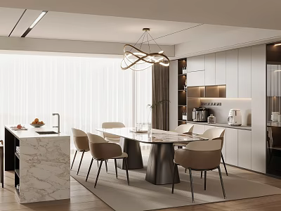 Modern Elegant Restaurant Dining Area With Marble Table Beige Chairs Geometric Chandelier And Wooden Floor 3d model