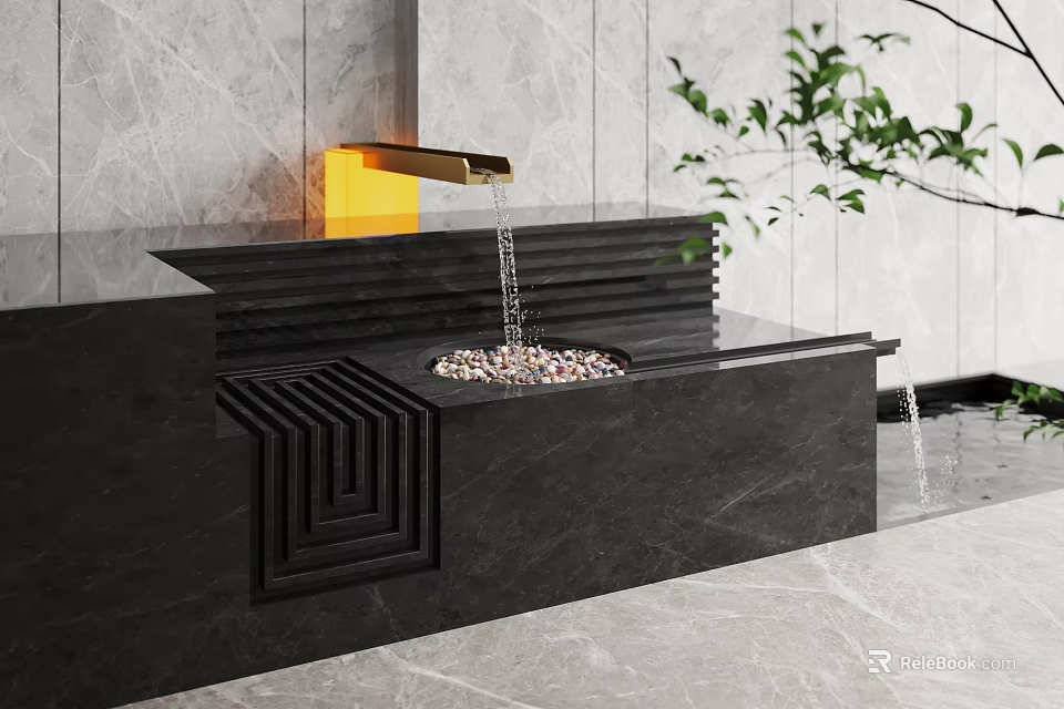 Modern Water Fountain With Black Marble Basin Golden Faucet Flowing Water And Pebbles 3d model 