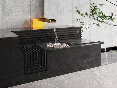 Modern Water Fountain With Black Marble Basin Golden Faucet Flowing Water And Pebbles 3d model
