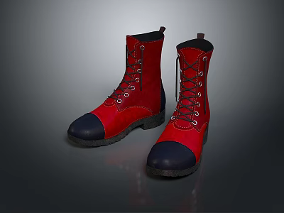 Red Lace Up Boots With Black Toe For Daily Casual Wear 3d model