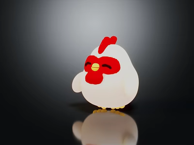 Cute White Cartoon Chicken Figure With Red Head Yellow Beak And Shiny Reflection 3d model