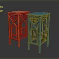 Colorful Metal Stools With Orange And Blue Geometric Cutout Design Standing On Dark Reflective Surface