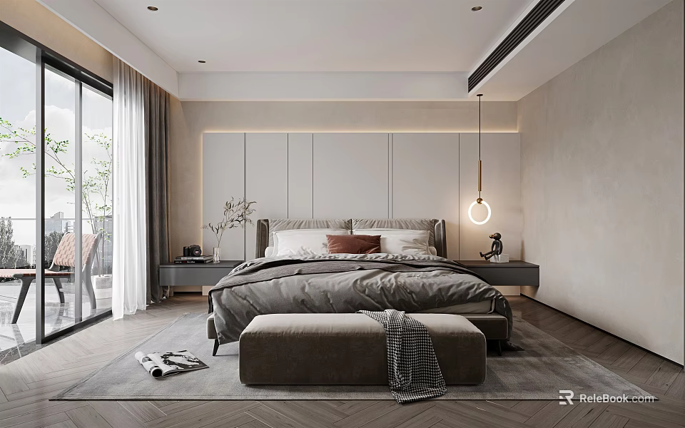 Modern Bedroom Interior Design With King Bed Bedside Tables Hanging Lamp And Area Rug 3d model 