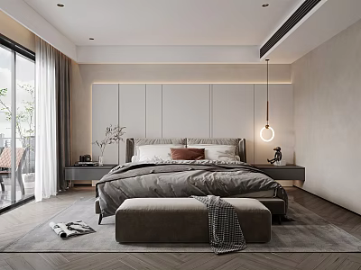 Modern Bedroom Interior Design With King Bed Bedside Tables Hanging Lamp And Area Rug 3d model