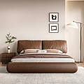 Brown Leather Double Bed with Headboard Pillows Blanket Floor Lamp Window Blinds and Art