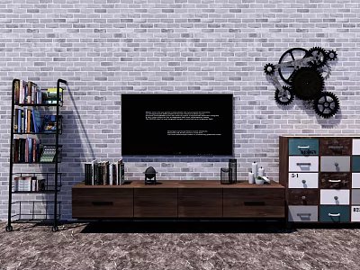 Brown Wooden TV Stand With Black TV Bookshelf And Decorative Gear On Gray Brick Wall 3d model