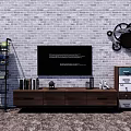 Brown Wooden TV Stand With Black TV Bookshelf And Decorative Gear On Gray Brick Wall