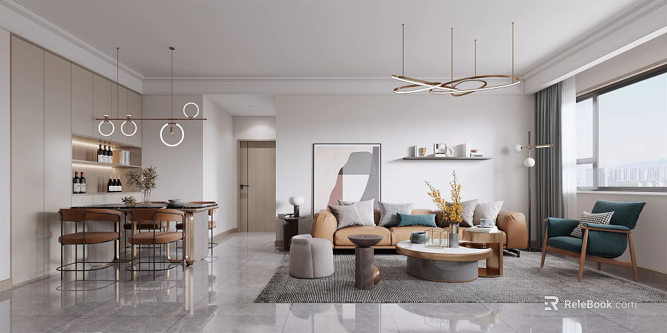 Modern Living and Dining Room Interior With Sofa Coffee Table Dining Table And Chandeliers 3d model