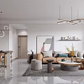 Modern Living and Dining Room Interior With Sofa Coffee Table Dining Table And Chandeliers 3d model